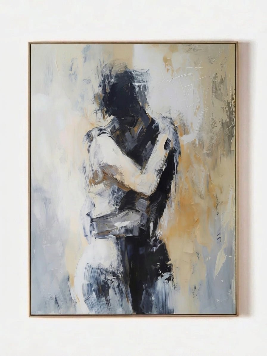 Hand painted contemporary abstract couple wall art with neutral tones and expressive romantic figurative brushwork for modern bedroom decor
