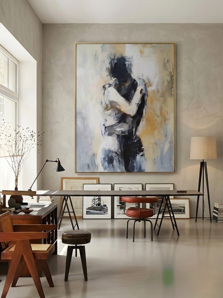 Hand painted contemporary abstract couple wall art with neutral tones and expressive romantic figurative brushwork for modern bedroom decor
