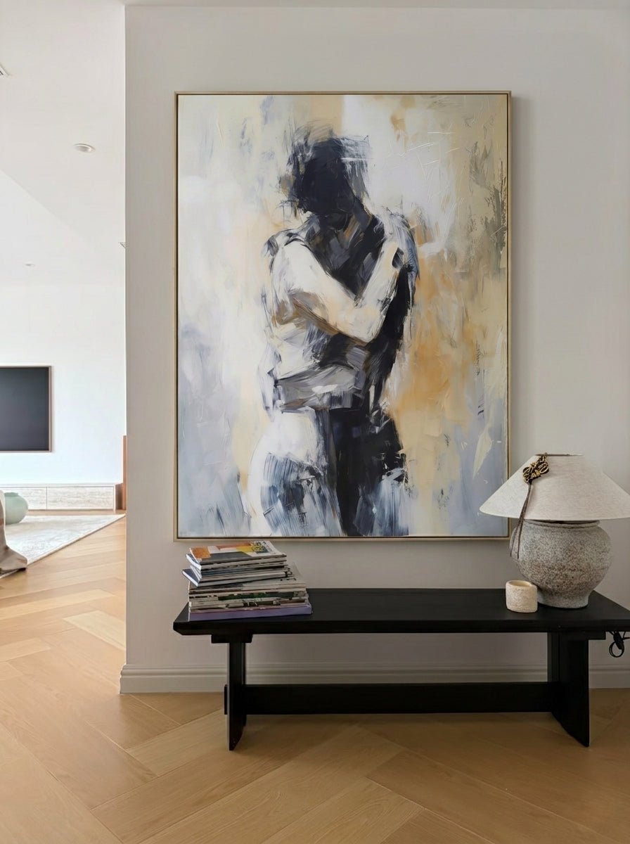 Hand painted contemporary abstract couple wall art with neutral tones and expressive romantic figurative brushwork for modern bedroom decor