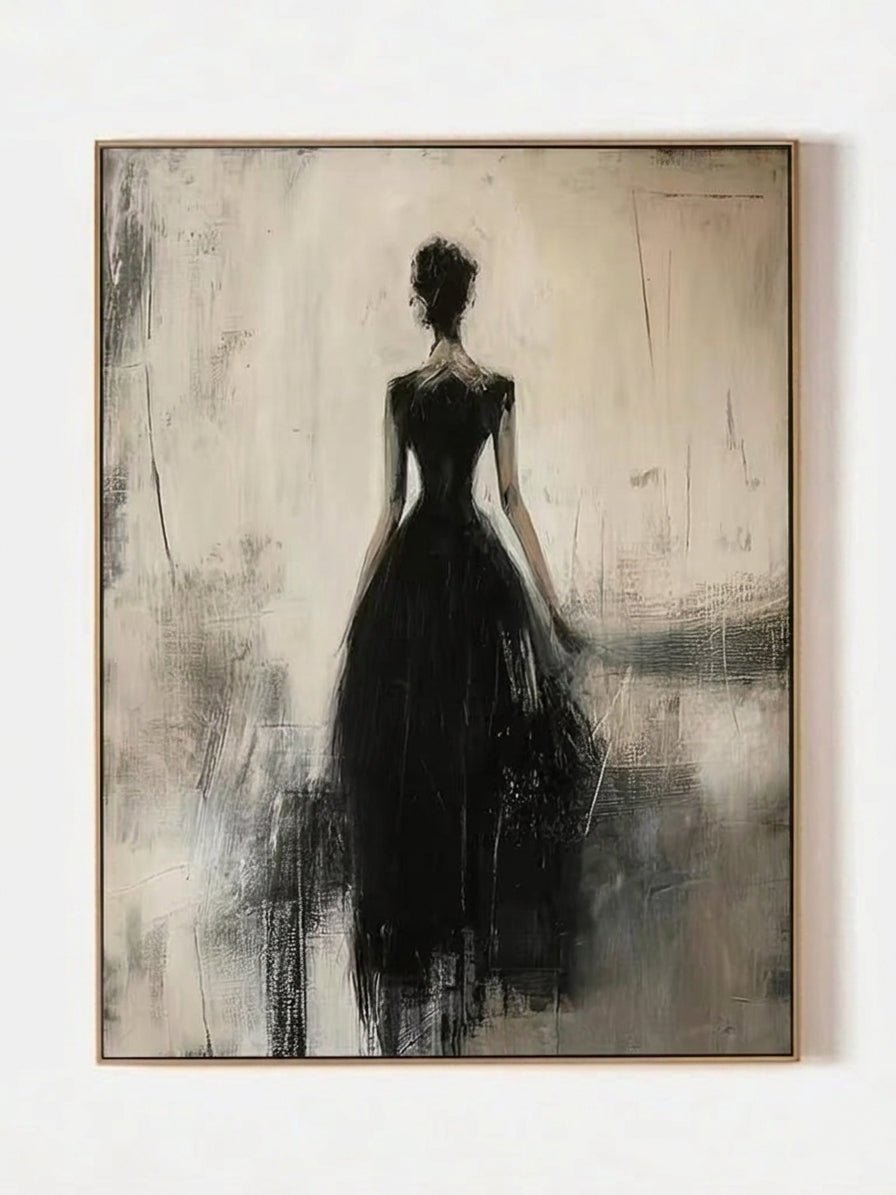 Heavy texture hand-painted abstract canvas painting of a woman in a black dress from behind with rich palette knife texture, modern wall decor by Eleanor Hayes.