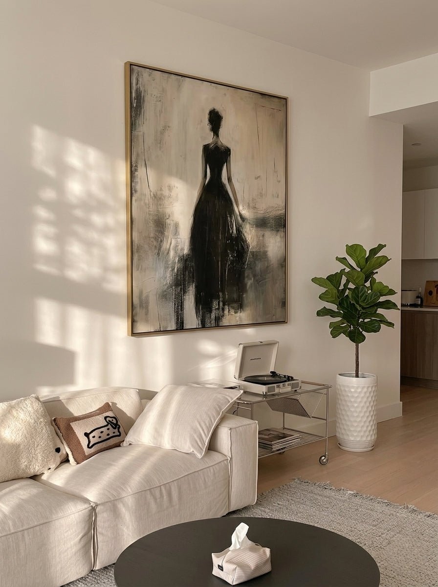 Heavy texture hand-painted abstract canvas painting of a woman in a black dress from behind with rich palette knife texture, modern wall decor by Eleanor Hayes.