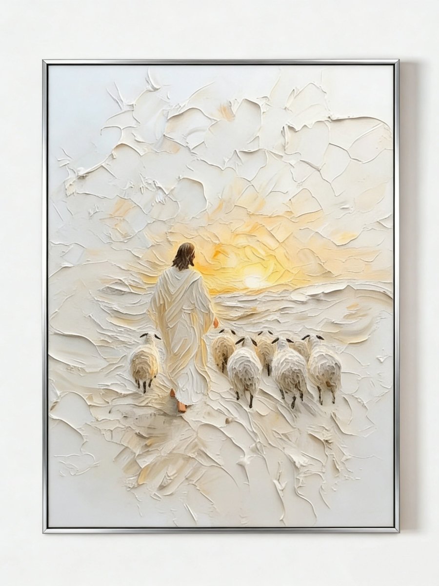 shepherd and flock oil painting – textured impasto in warm cream and gold tones, spiritual art for contemplative interiors