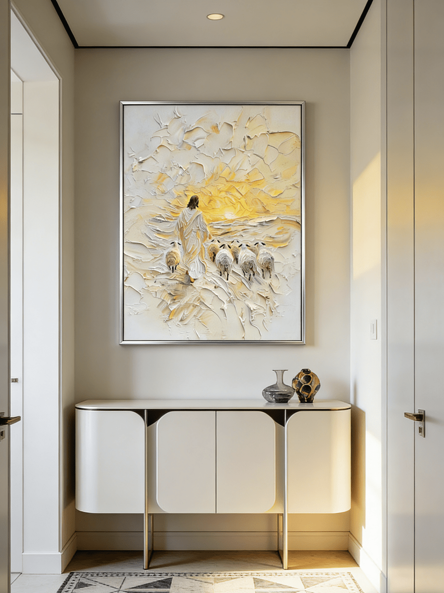 shepherd and flock oil painting – textured impasto in warm cream and gold tones, spiritual art for contemplative interiors