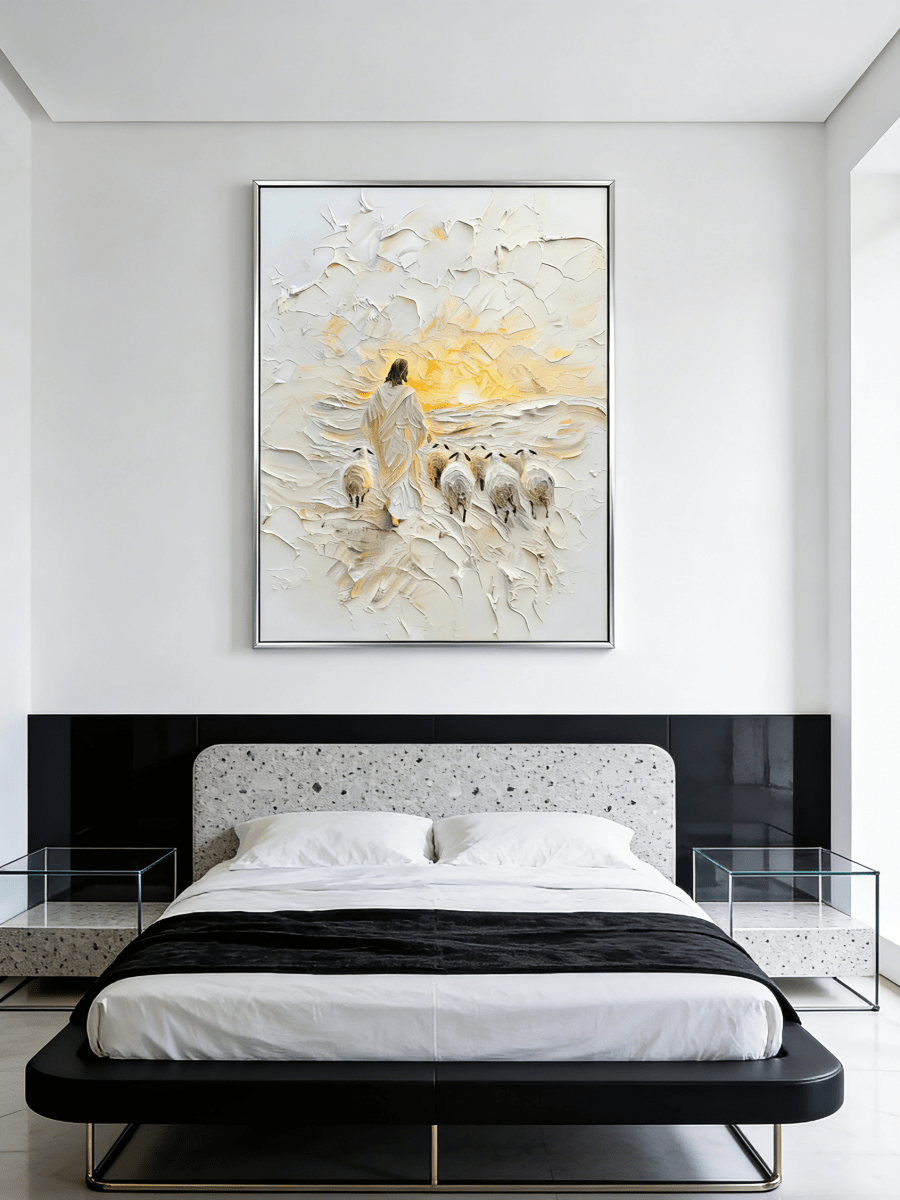 shepherd and flock oil painting – textured impasto in warm cream and gold tones, spiritual art for contemplative interiors