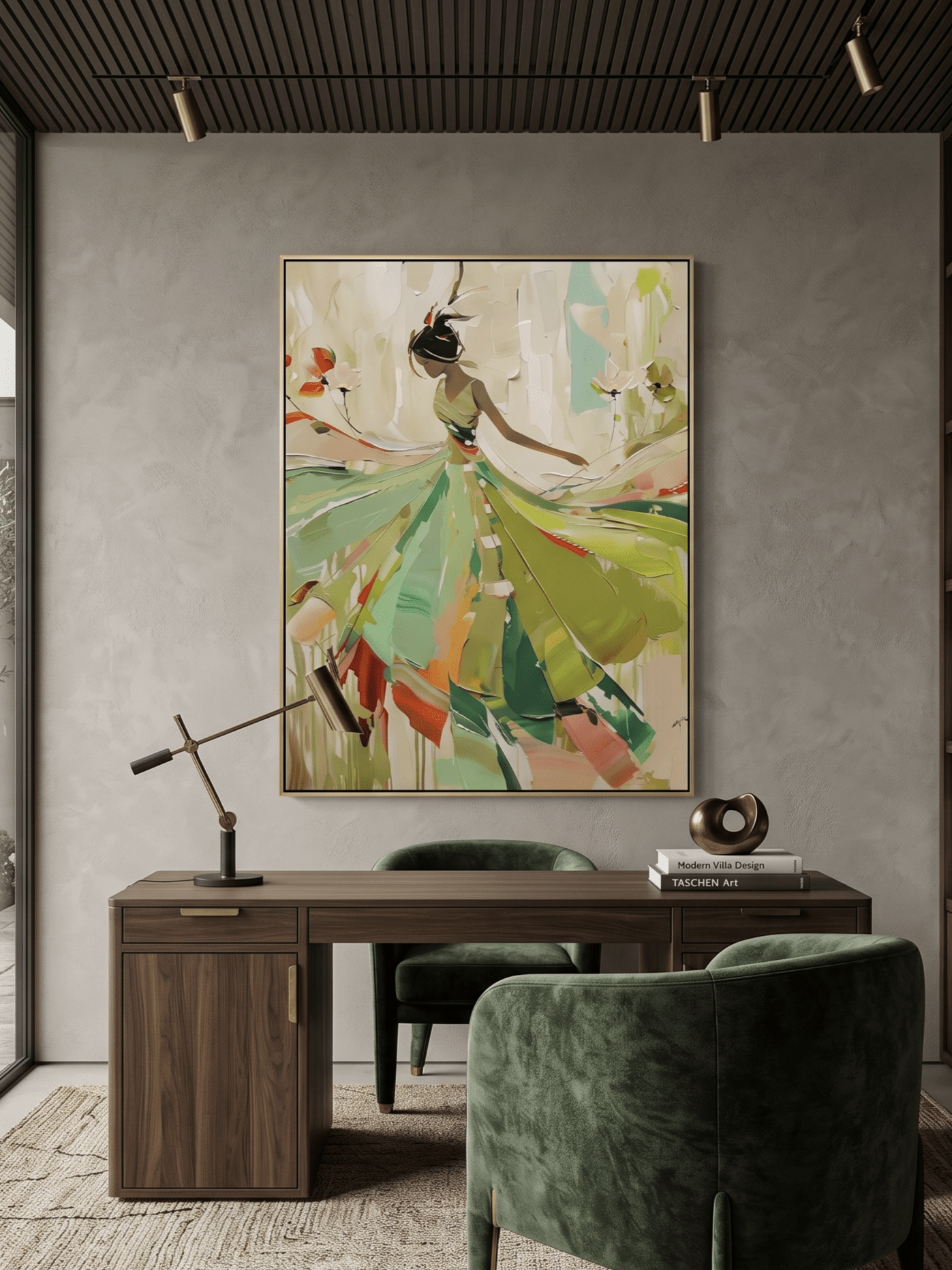 Hand-painted abstract impressionist oil painting of a dancing woman in a green leaf-like dress, heavy palette knife texture, sage green and orange wall art by Eleanor Hayes.