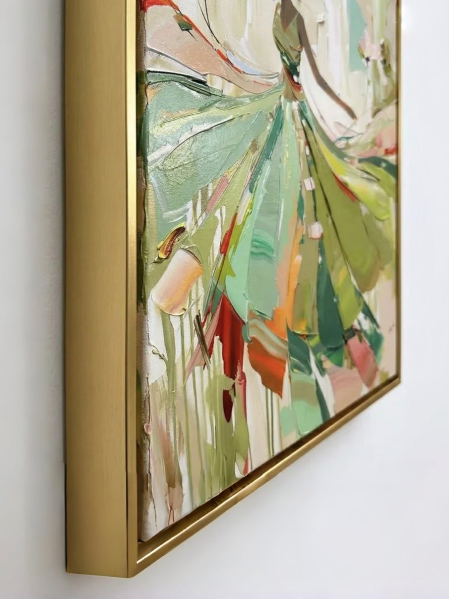 Hand-painted abstract impressionist oil painting of a dancing woman in a green leaf-like dress, heavy palette knife texture, sage green and orange wall art by Eleanor Hayes.