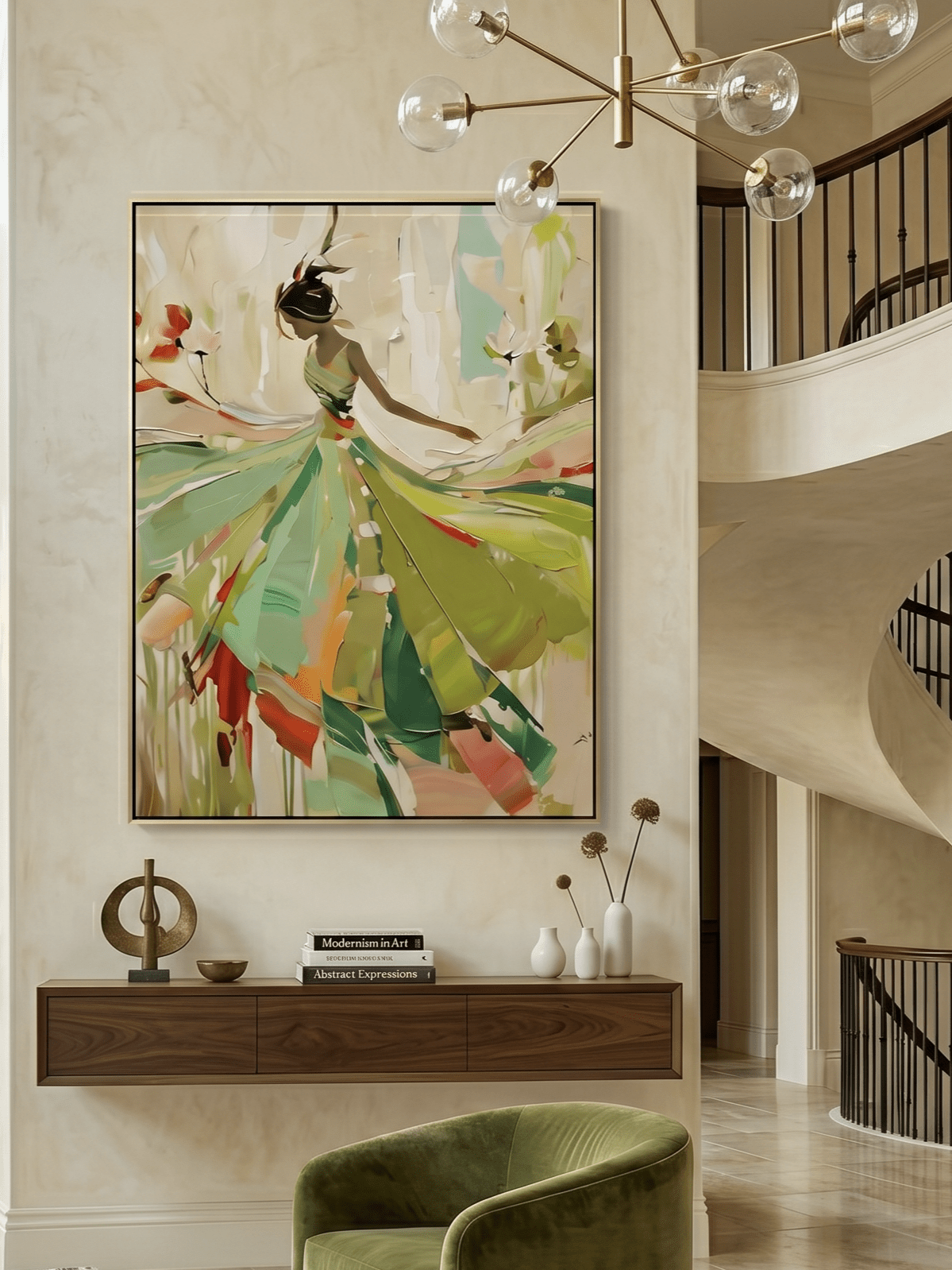 Hand-painted abstract impressionist oil painting of a dancing woman in a green leaf-like dress, heavy palette knife texture, sage green and orange wall art by Eleanor Hayes.