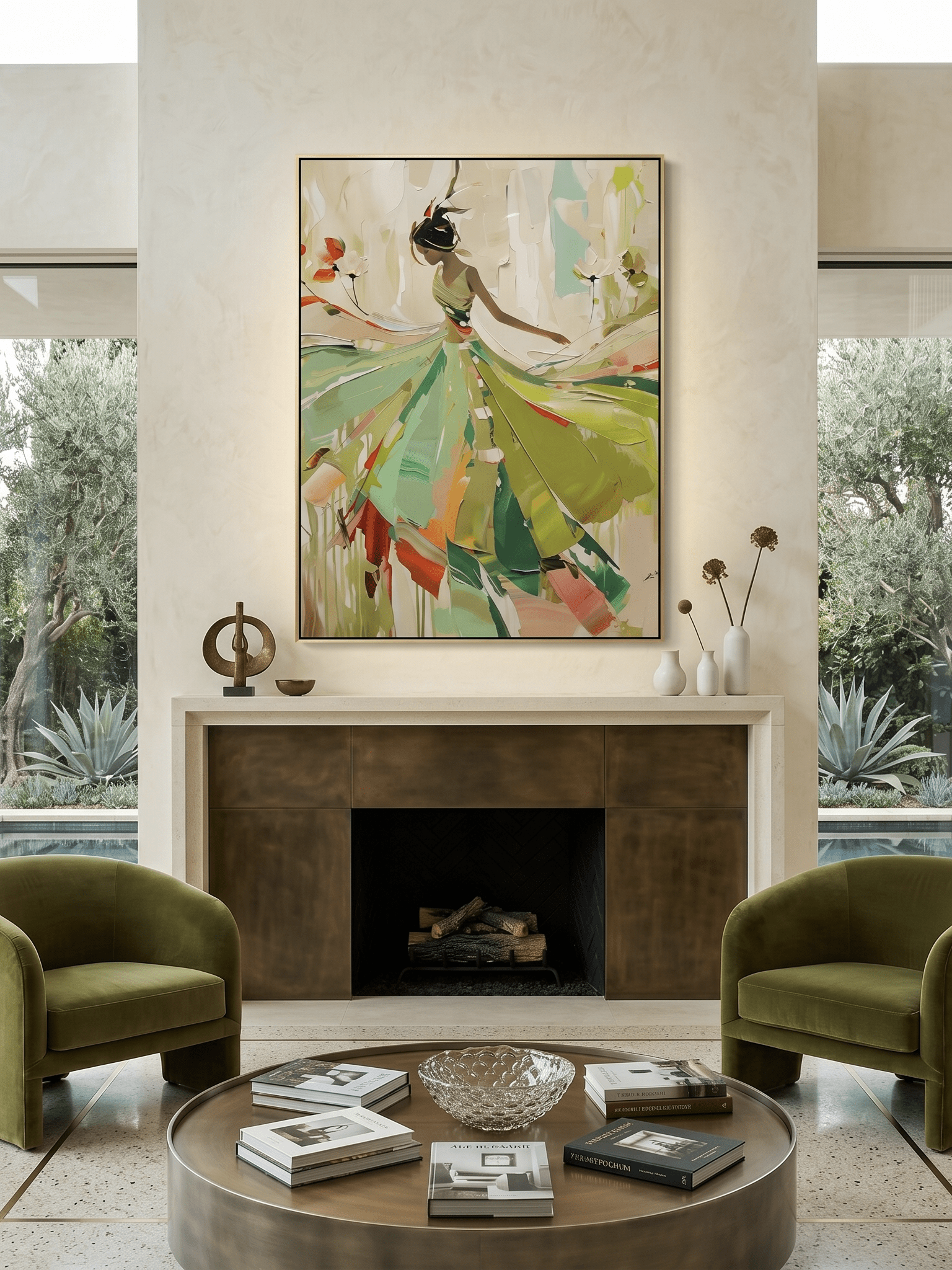 Hand-painted abstract impressionist oil painting of a dancing woman in a green leaf-like dress, heavy palette knife texture, sage green and orange wall art by Eleanor Hayes.