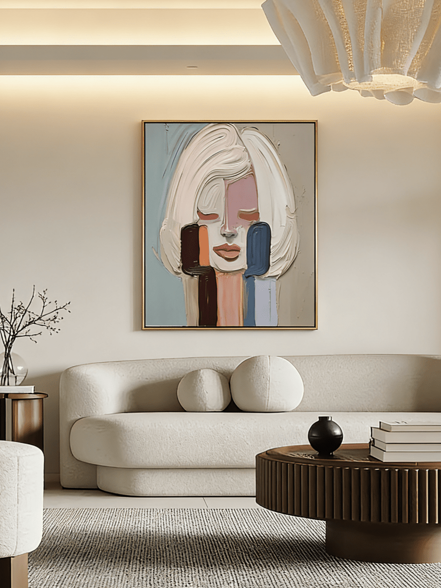 Hand-painted abstract portrait oil painting with thick impasto texture in pink, blue, and orange. Modern wall art for living room decor.