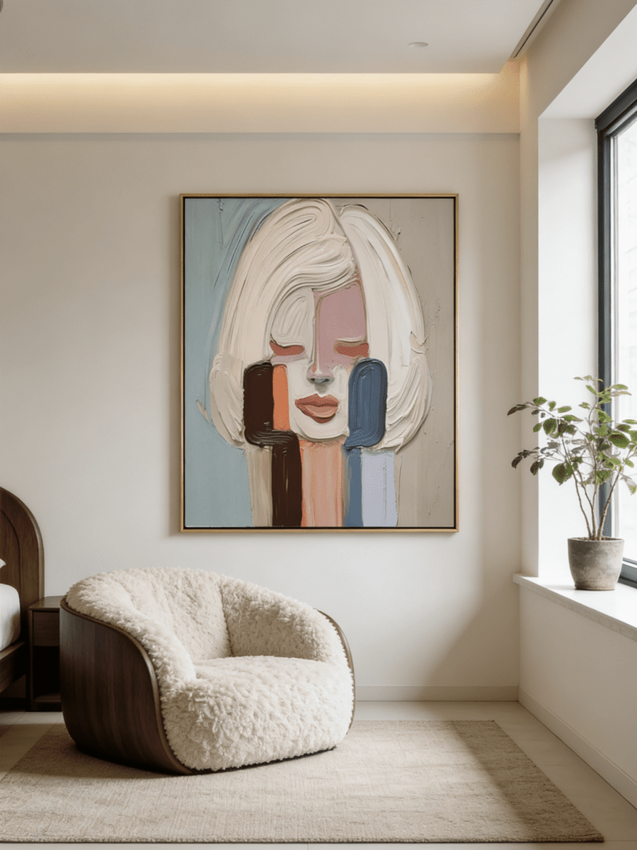 Hand-painted abstract portrait oil painting with thick impasto texture in pink, blue, and orange. Modern wall art for living room decor.