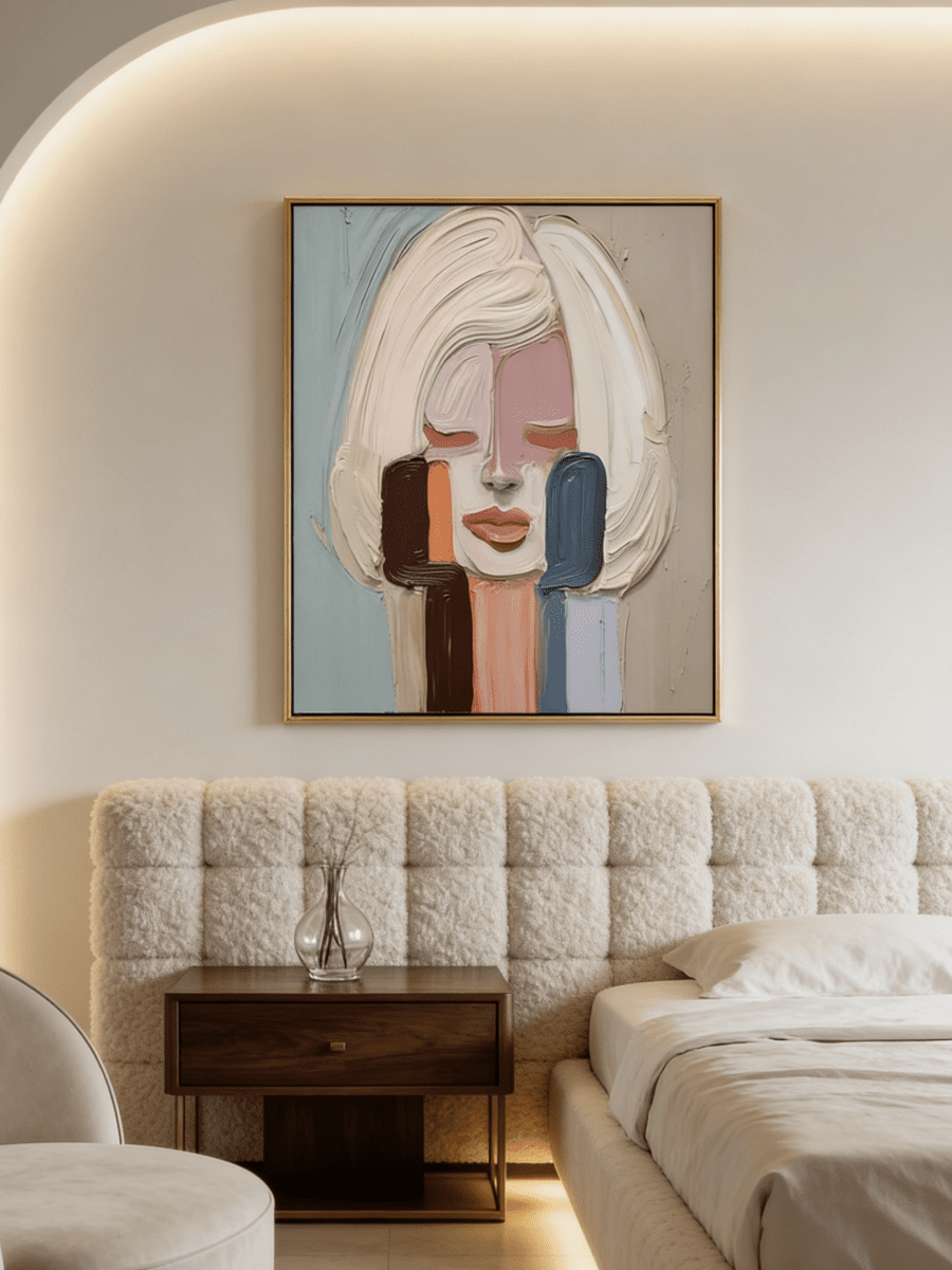 Hand-painted abstract portrait oil painting with thick impasto texture in pink, blue, and orange. Modern wall art for living room decor.