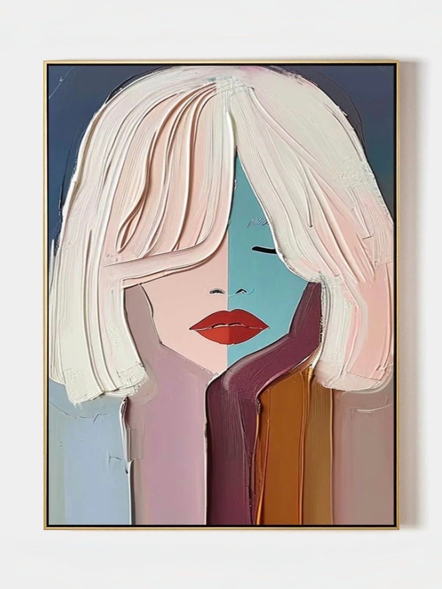 Hand-painted modern abstract portrait featuring thick impasto texture, half-teal half-pink face, and bold red lips on canvas.