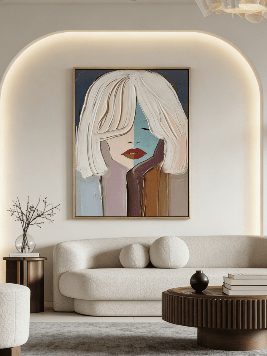 Hand-painted modern abstract portrait featuring thick impasto texture, half-teal half-pink face, and bold red lips on canvas.