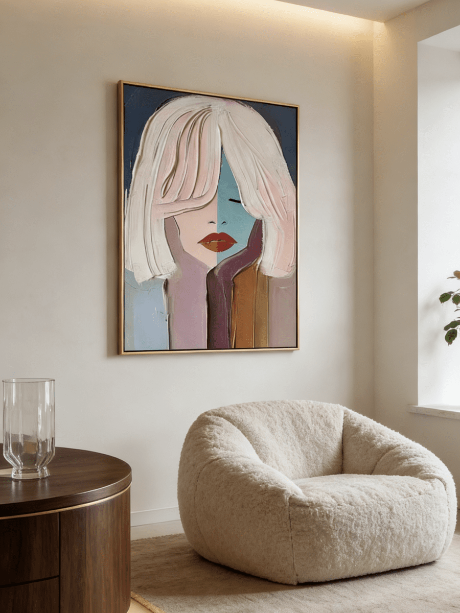 Hand-painted modern abstract portrait featuring thick impasto texture, half-teal half-pink face, and bold red lips on canvas.