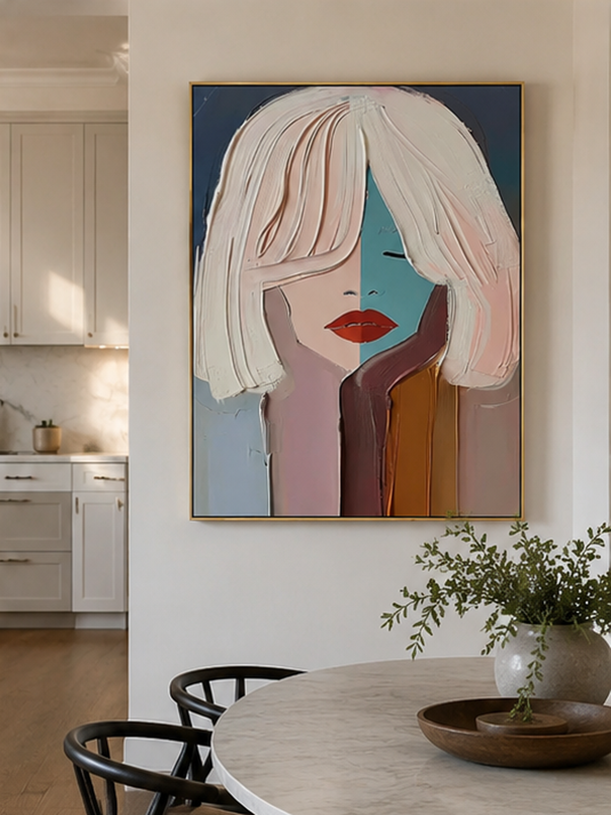 Modern feminine portrait painting displayed in a stylish open-plan dining room