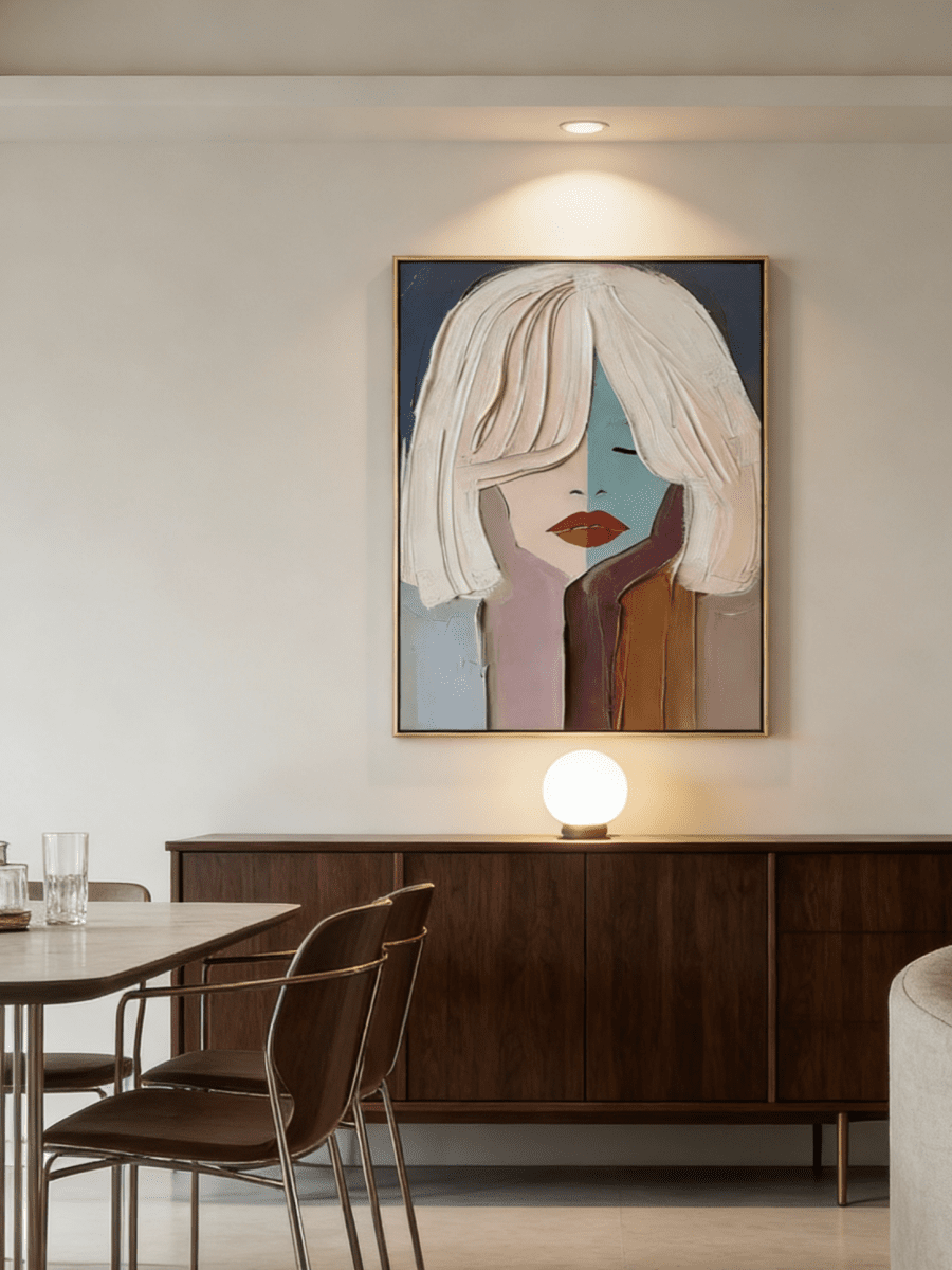 Hand-painted modern abstract portrait featuring thick impasto texture, half-teal half-pink face, and bold red lips on canvas.