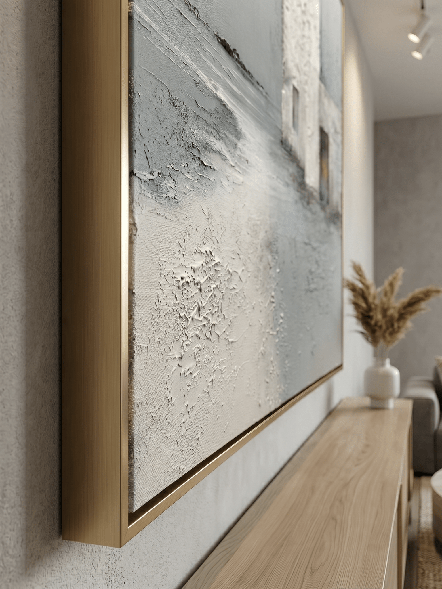 Hand-painted 3D heavy textured abstract architecture painting in grey and white with rust orange accents by Evelyn Li, wabi-sabi wall art for modern living room.