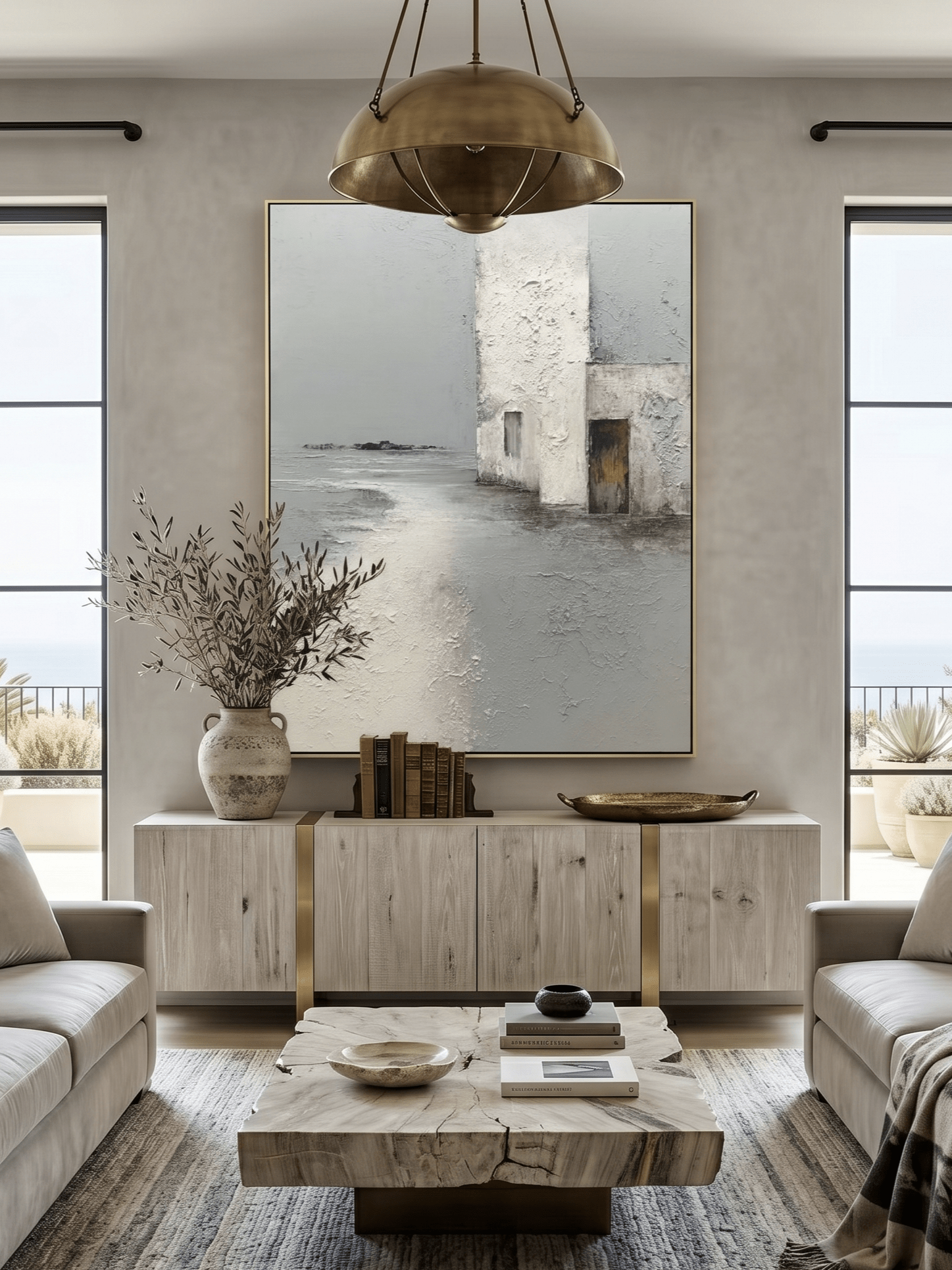 Hand-painted 3D heavy textured abstract architecture painting in grey and white with rust orange accents by Evelyn Li, wabi-sabi wall art for modern living room.