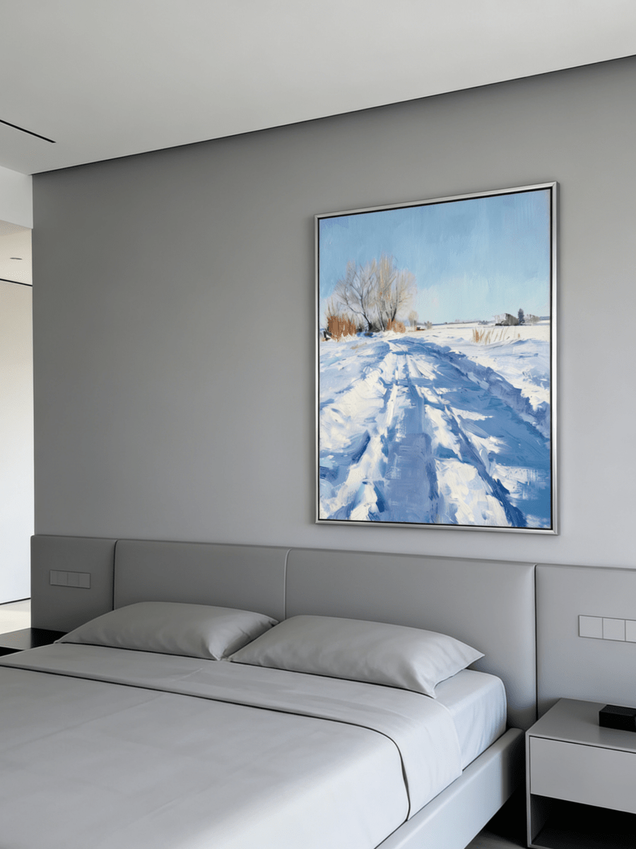 impasto winter landscape painting – textured snow road with tire tracks in blue-white tones, meditative winter art for living room or study