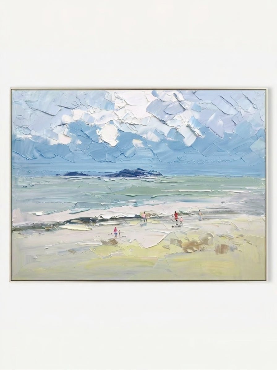 Hand painted textured coastal beach landscape wall art with ocean waves and soft blue sky for modern living room decor