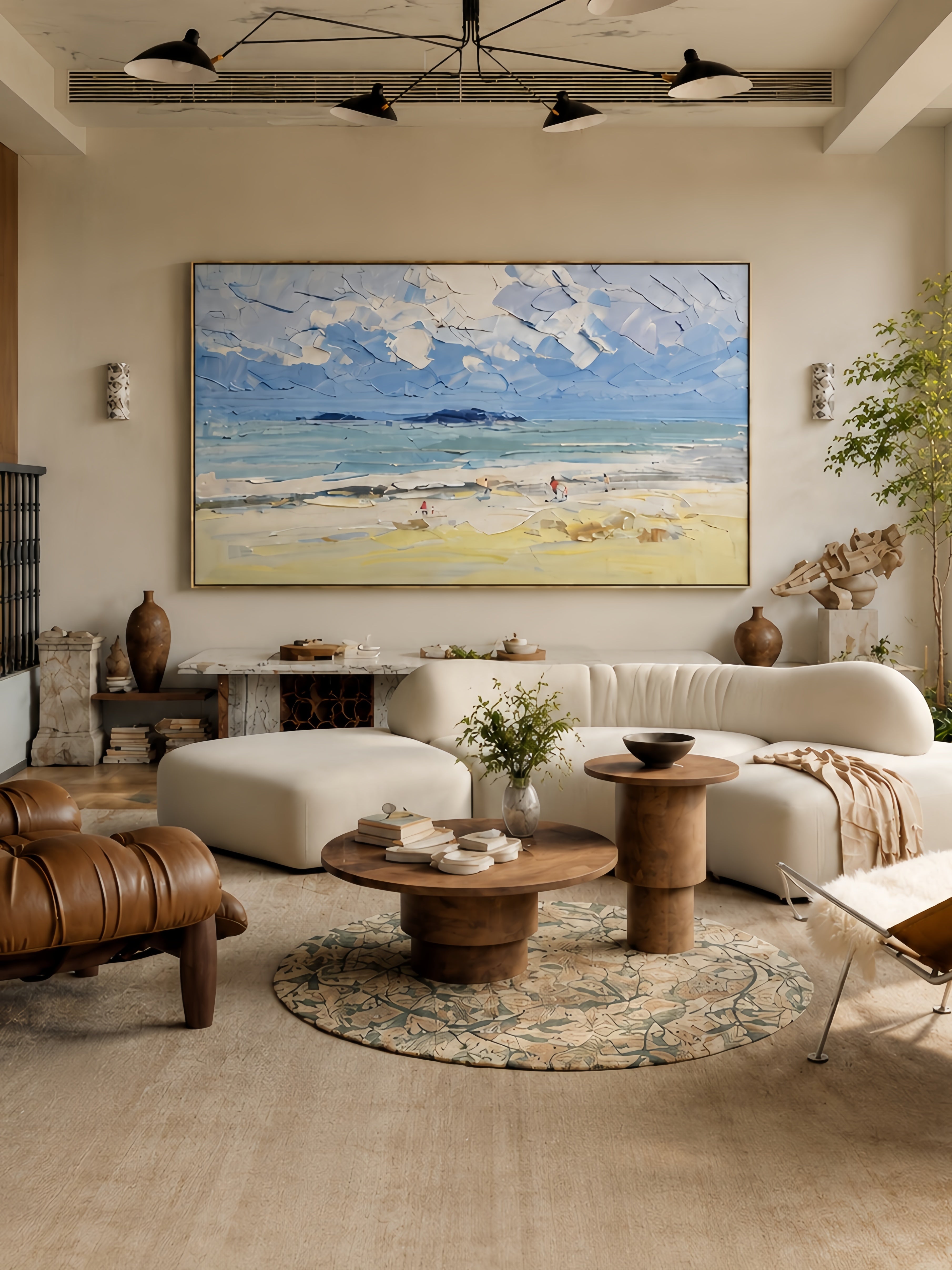 Hand painted textured coastal beach landscape wall art with ocean waves and soft blue sky for modern living room decor