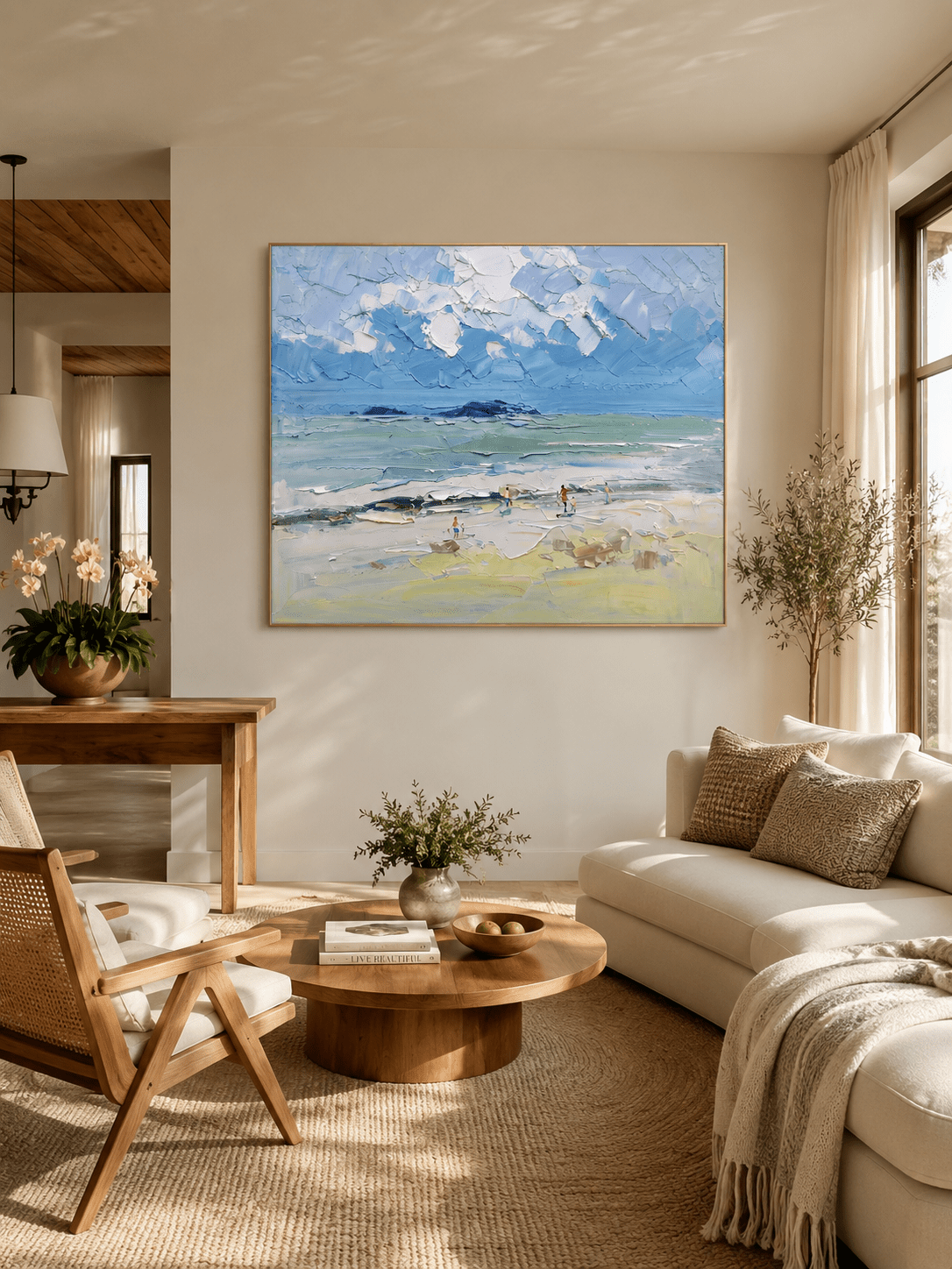 Hand painted textured coastal beach landscape wall art with ocean waves and soft blue sky for modern living room decor