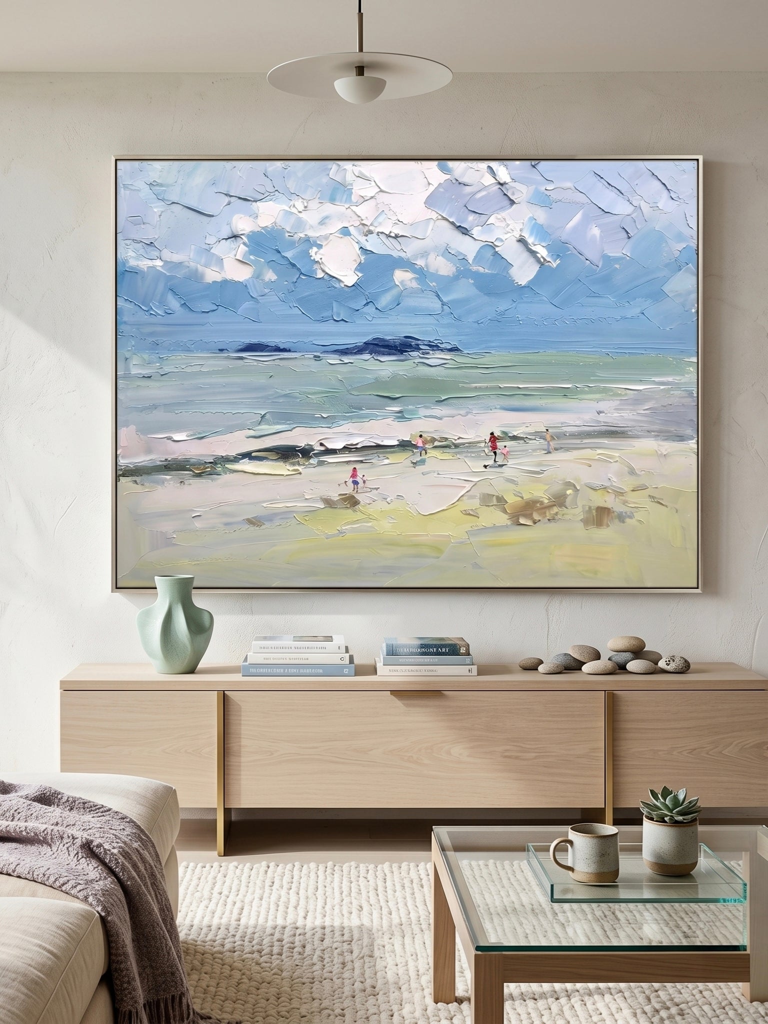 Hand painted textured coastal beach landscape wall art with ocean waves and soft blue sky for modern living room decor