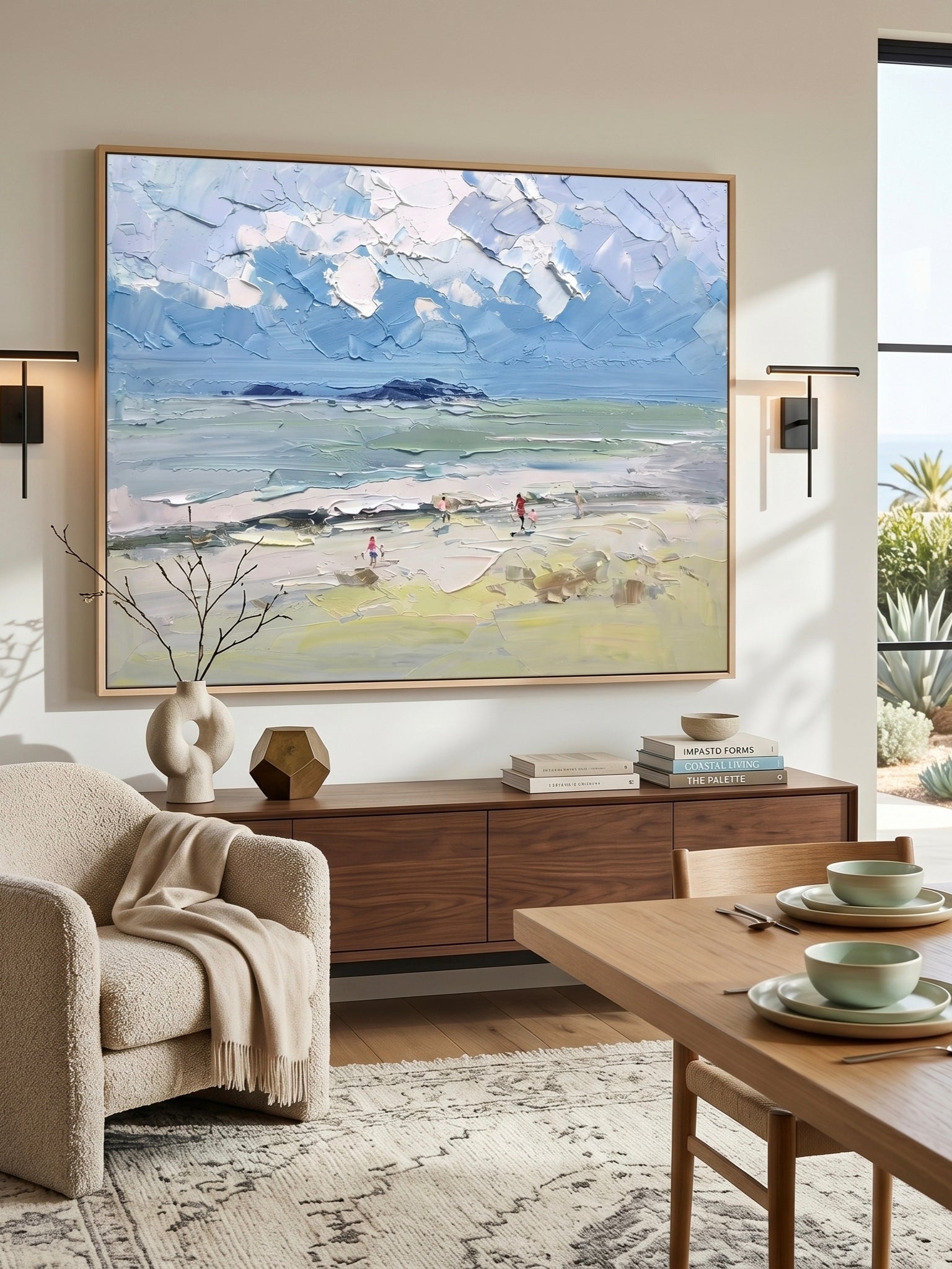 Hand painted textured coastal beach landscape wall art with ocean waves and soft blue sky for modern living room decor