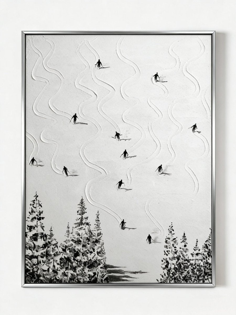 Original monochromatic ski painting– flowing snow tracks with tiny black skiers, minimalist outdoor art for modern interiors