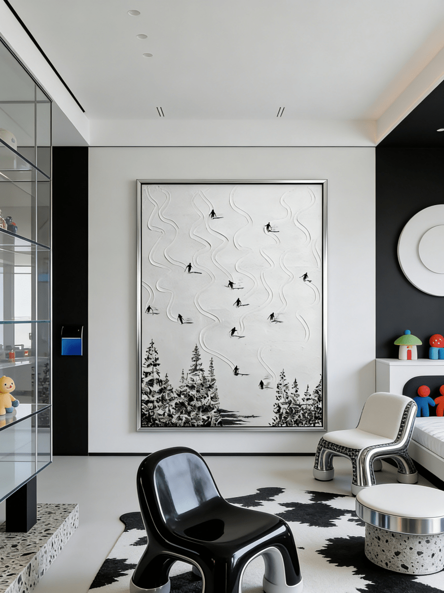 Original monochromatic ski painting– flowing snow tracks with tiny black skiers, minimalist outdoor art for modern interiors