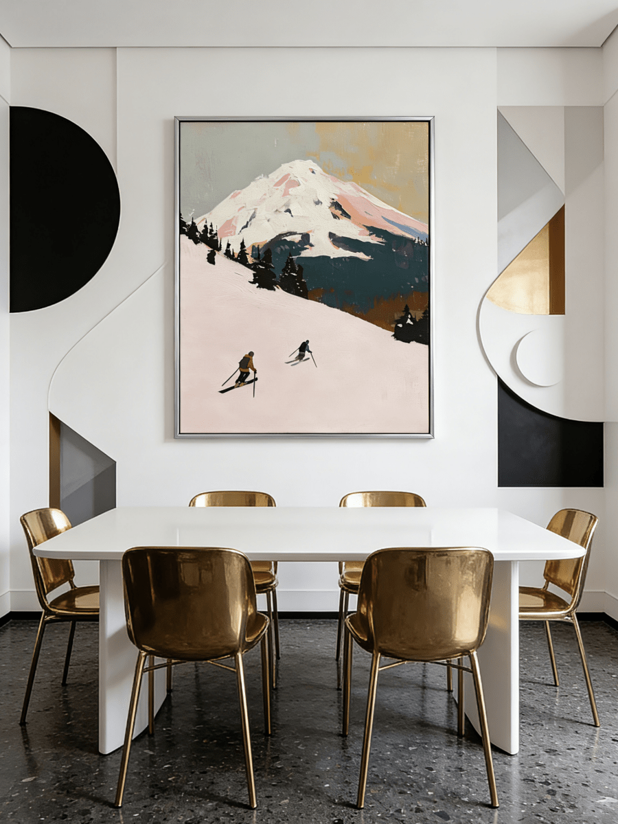 Original impasto alpine painting– pink-toned mountain landscape with tiny skiers, epic outdoor art for living room or study