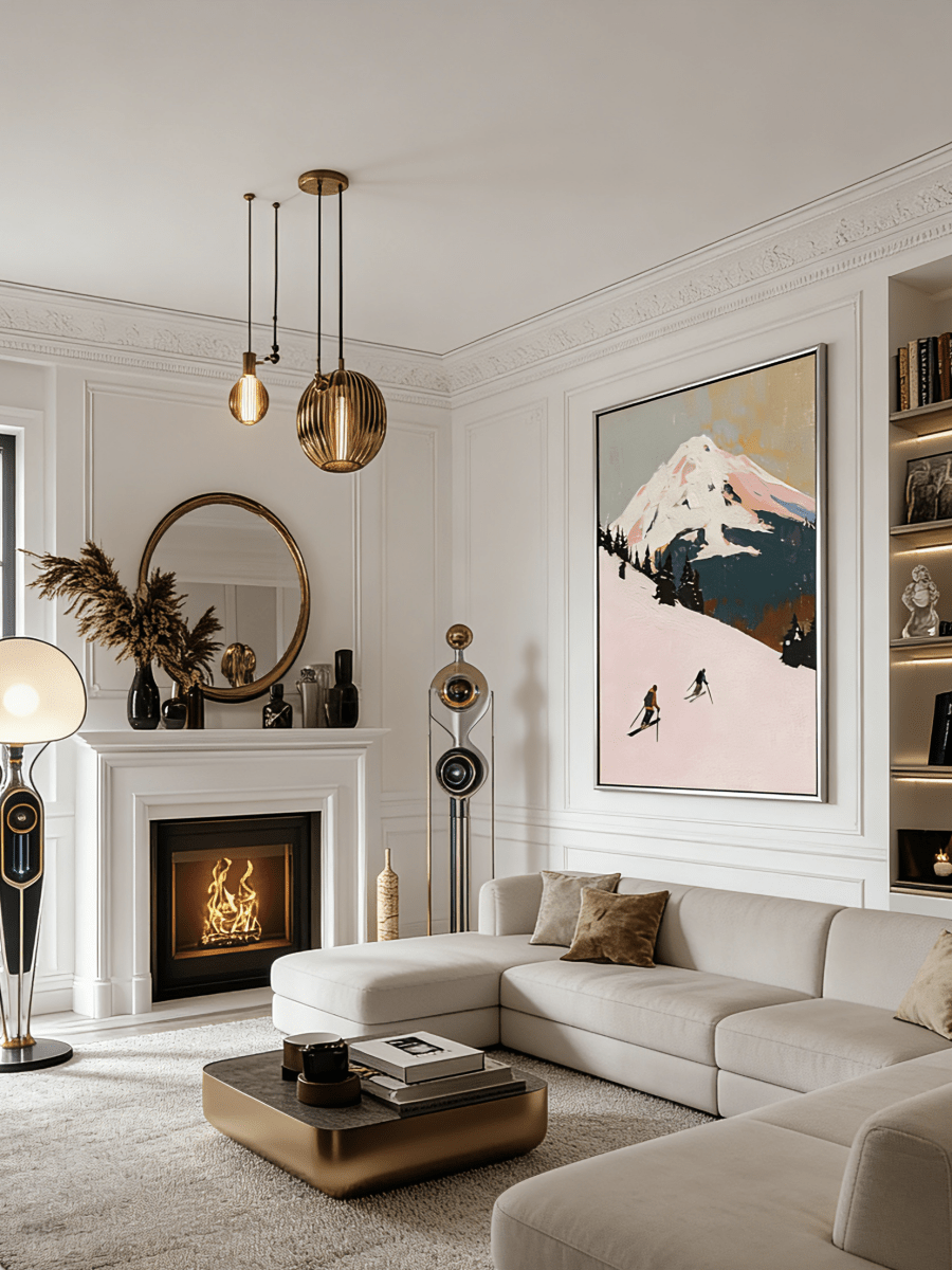 Original impasto alpine painting– pink-toned mountain landscape with tiny skiers, epic outdoor art for living room or study