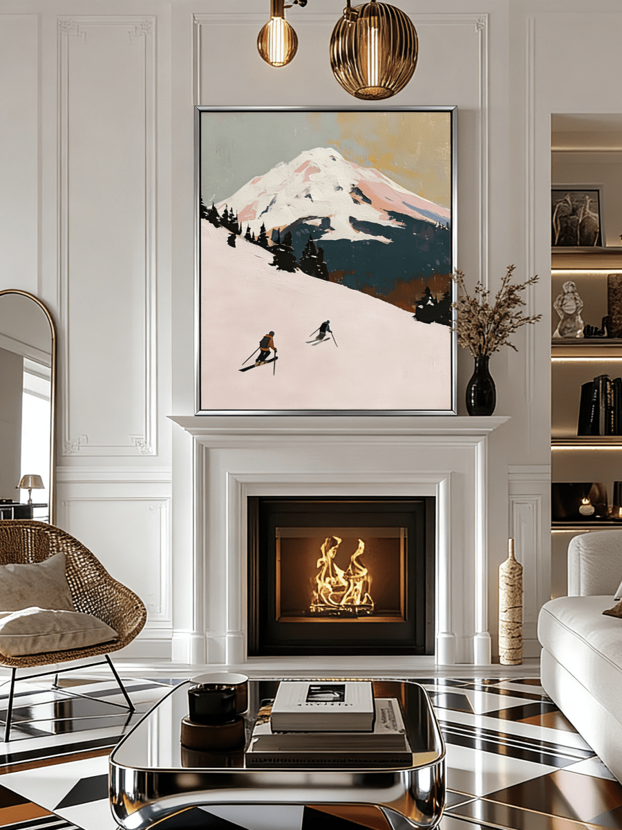 Original impasto alpine painting– pink-toned mountain landscape with tiny skiers, epic outdoor art for living room or study