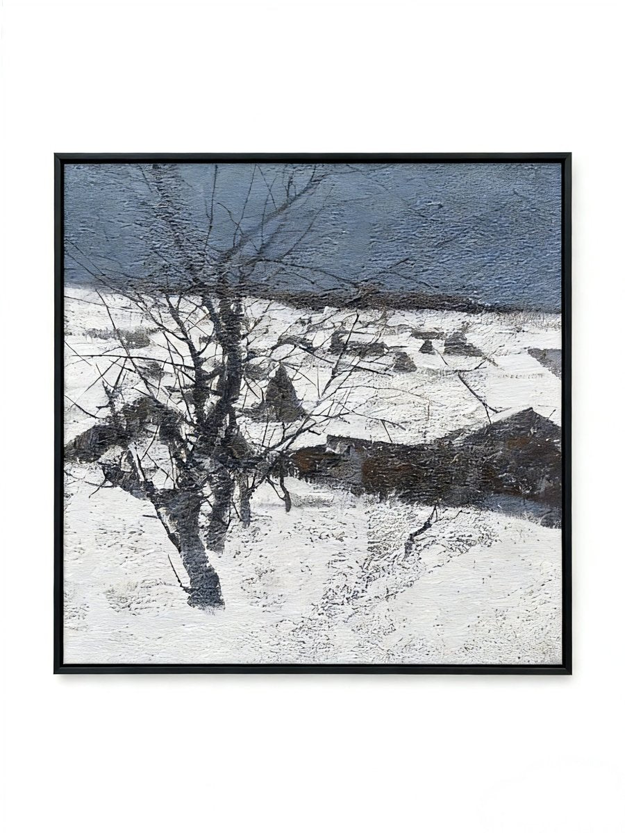 Hand-painted winter landscape oil painting featuring a black tree in a snowy field under a dark grey sky with heavy texture.