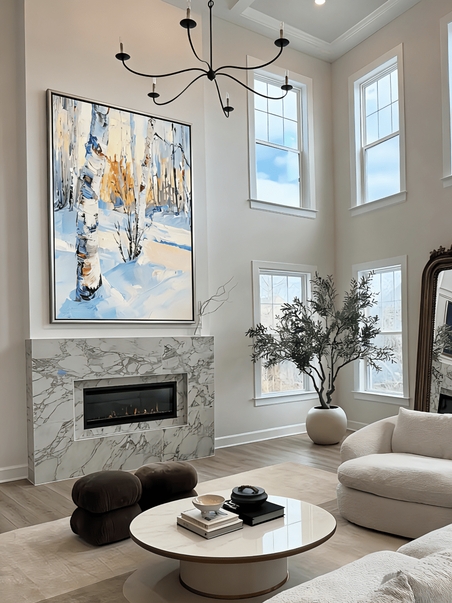 winter landscape painting– textured birch trees in glowing snow scene, atmospheric winter art for living room or bedroom