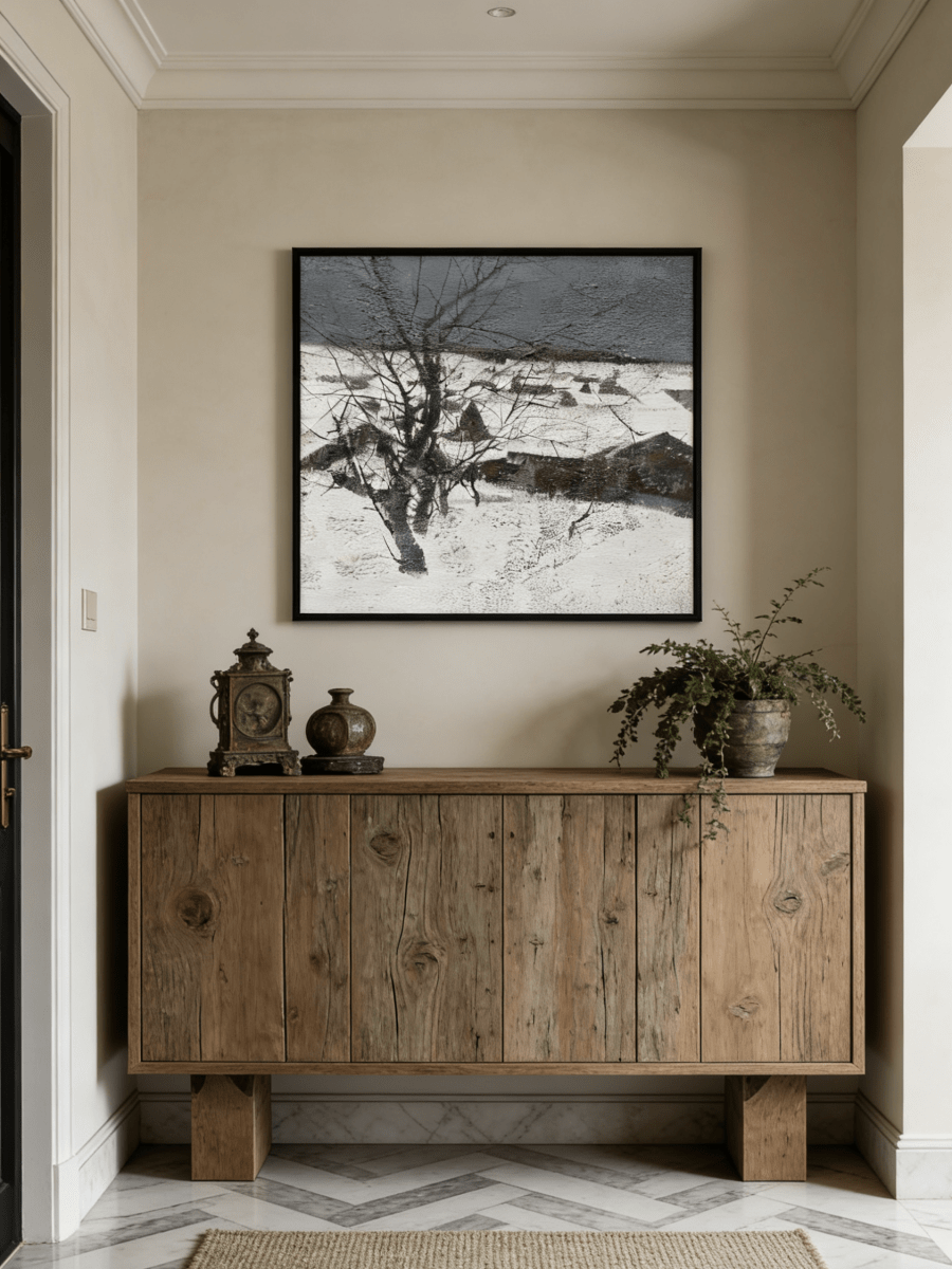 Hand-painted winter landscape oil painting featuring a black tree in a snowy field under a dark grey sky with heavy texture.