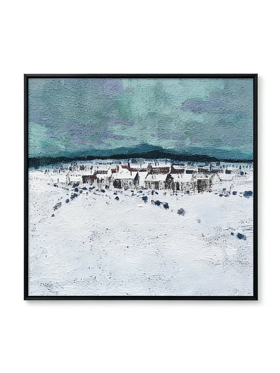 Hand-painted modern oil painting of a snowy village landscape with blue mountains and heavy white textured snow on canvas.