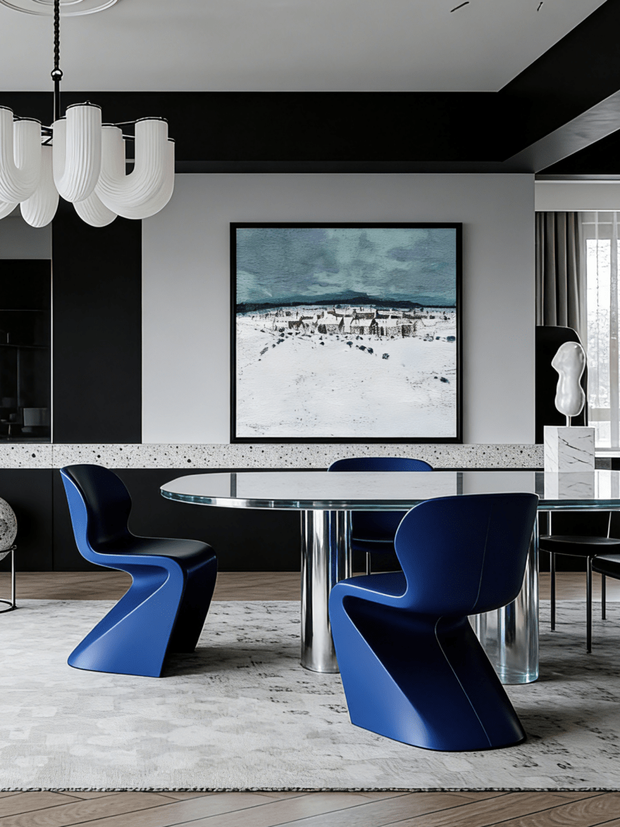 Hand-painted modern oil painting of a snowy village landscape with blue mountains and heavy white textured snow on canvas.