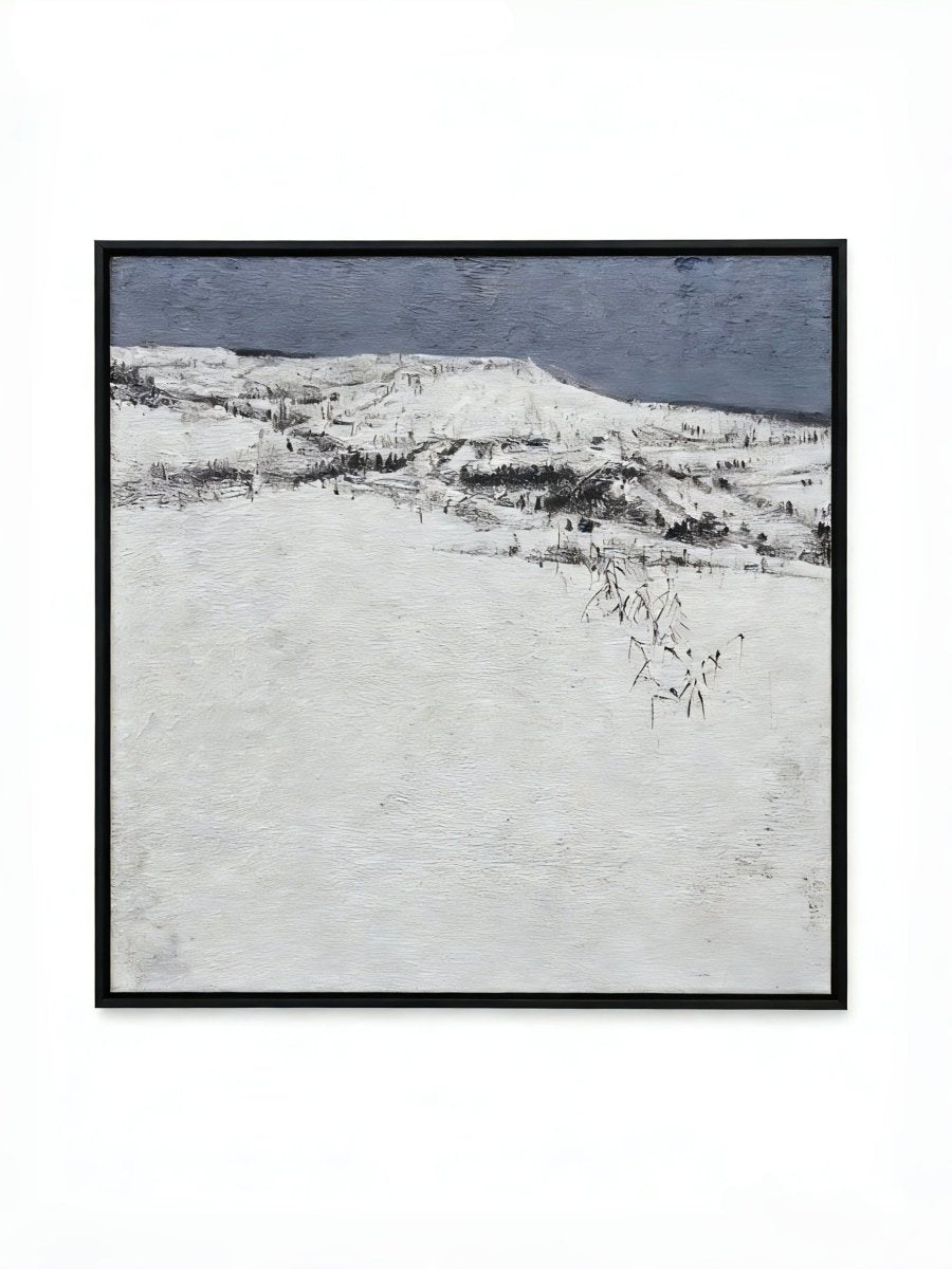 Large hand-painted minimalist oil painting showing a vast white textured snowfield under a dark grey horizon line.