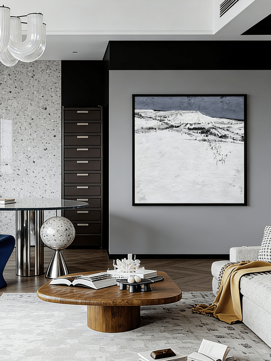 Large hand-painted minimalist oil painting showing a vast white textured snowfield under a dark grey horizon line.