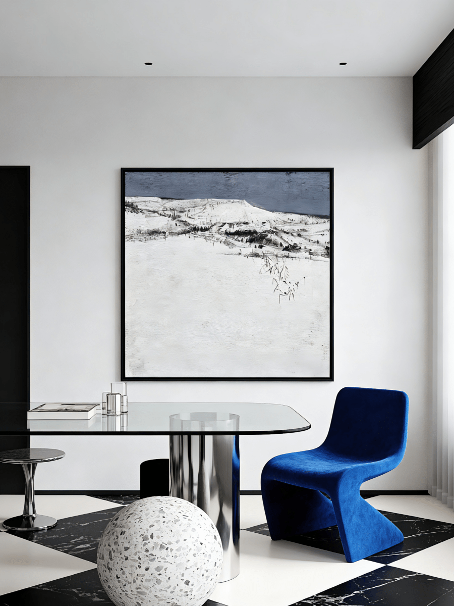 Large hand-painted minimalist oil painting showing a vast white textured snowfield under a dark grey horizon line.
