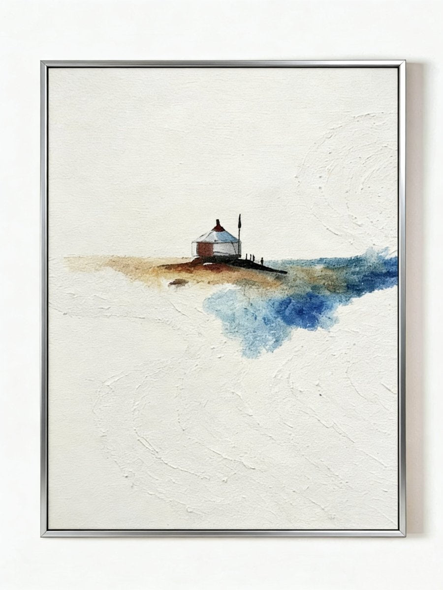 minimalist landscape painting– textured yurt in vast plains, travel-inspired art for contemplative interiors