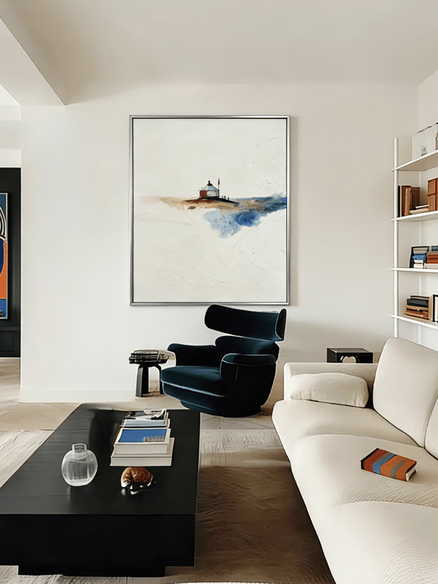 minimalist landscape painting– textured yurt in vast plains, travel-inspired art for contemplative interiors