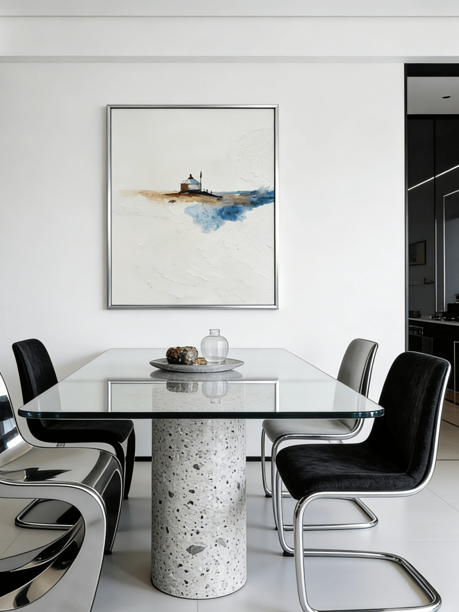 minimalist landscape painting– textured yurt in vast plains, travel-inspired art for contemplative interiors