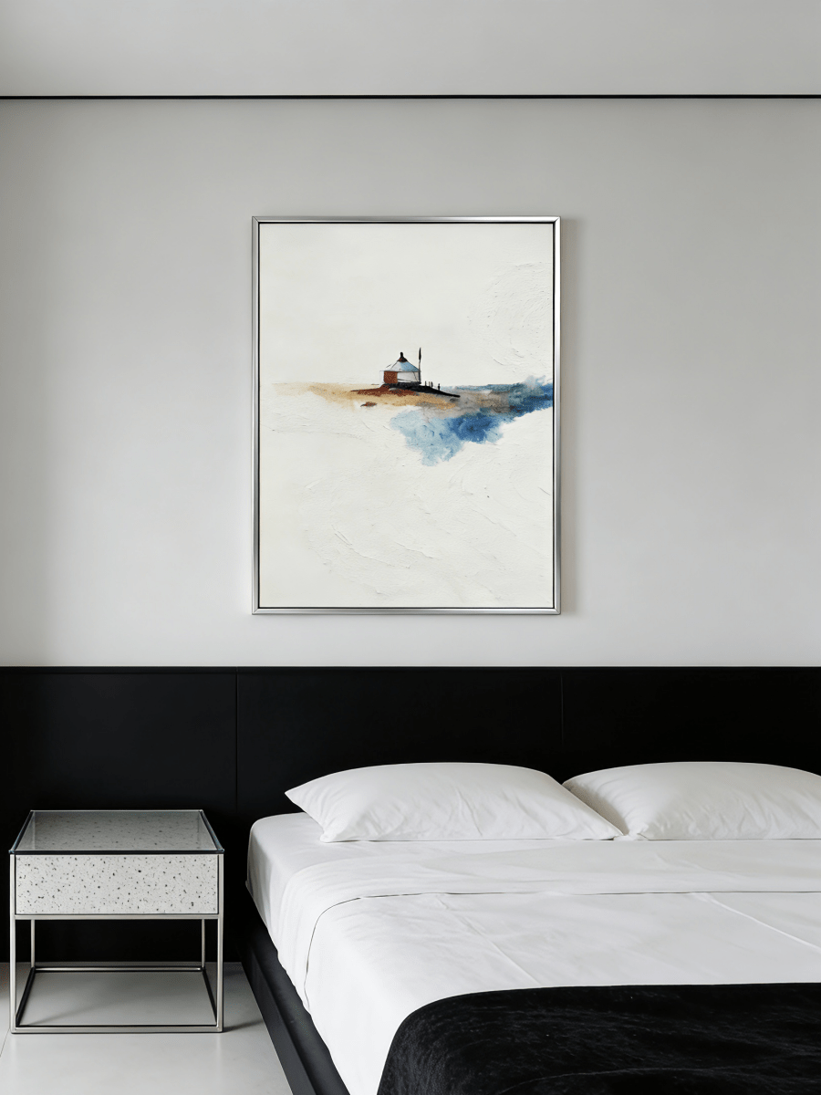 minimalist landscape painting– textured yurt in vast plains, travel-inspired art for contemplative interiors