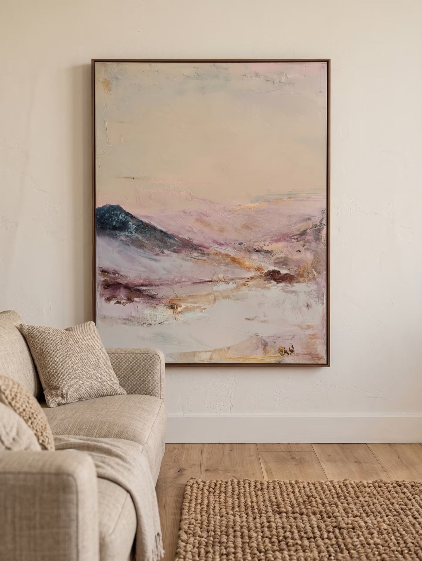 Large hand-painted abstract mountain landscape canvas painting in pastel pink, lavender, and grey by Evelyn Li for romantic bedroom decor.