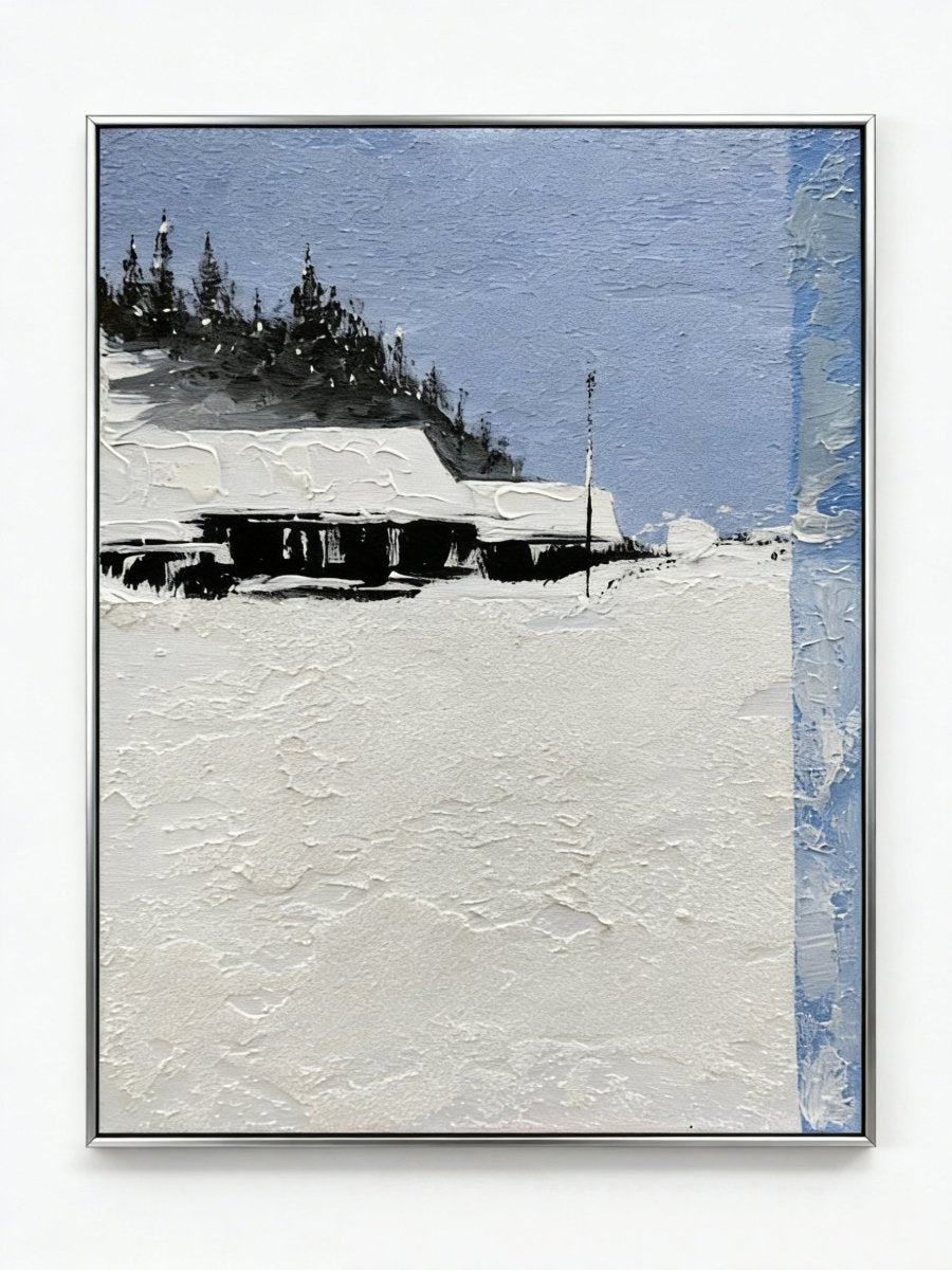 winter cabin oil painting– textured impasto snowscape with minimalist cabin, serene landscape art for calming interiors