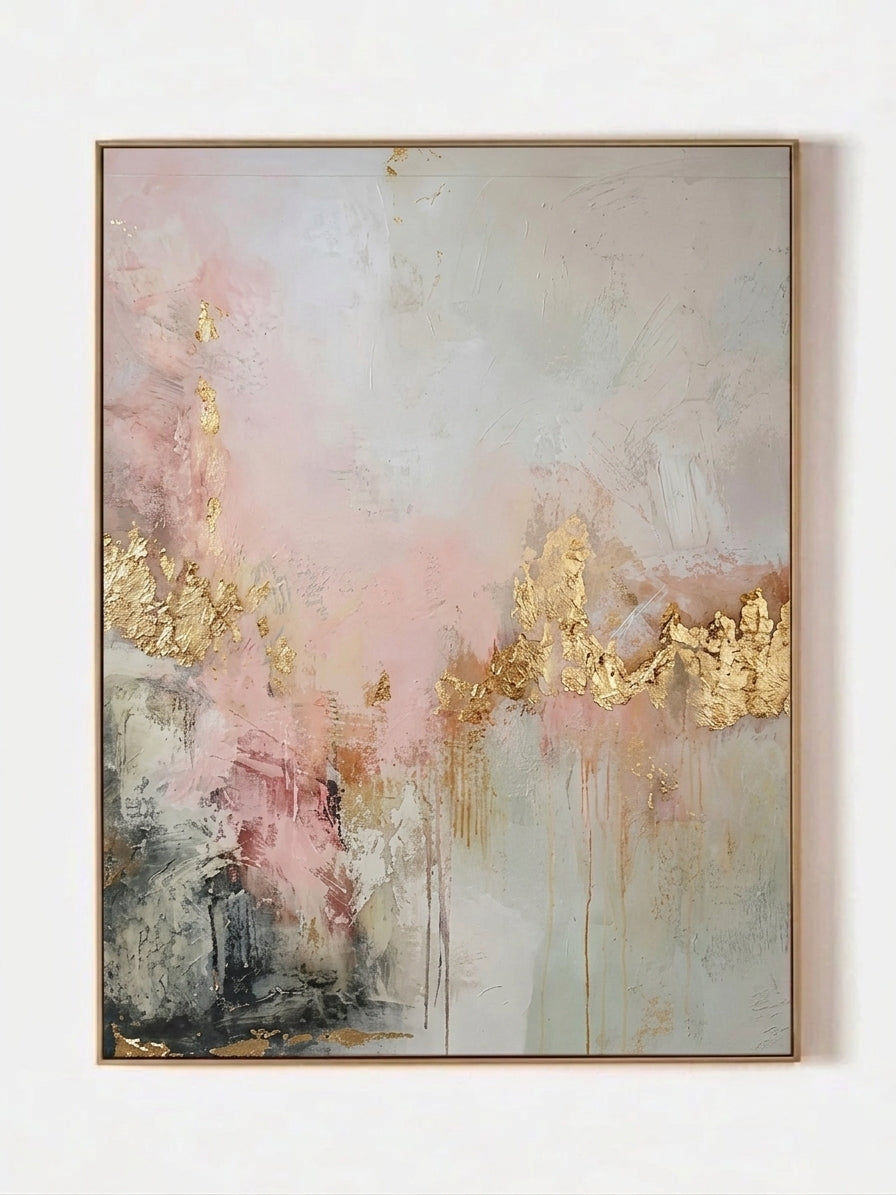 Large hand-painted modern abstract canvas painting with 3D textured gold leaf and blush pink brushstrokes by Evelyn Li for luxury master bedroom wall decor.