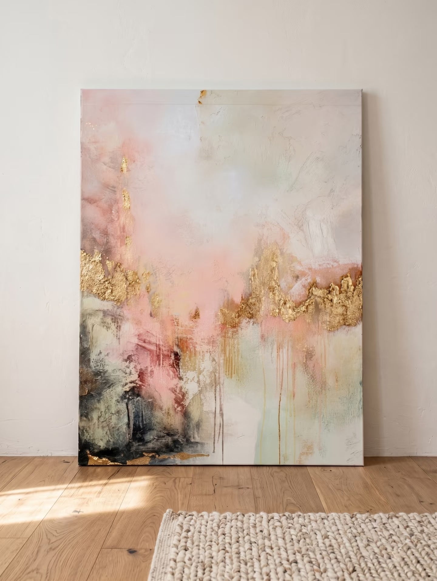 Large hand-painted modern abstract canvas painting with 3D textured gold leaf and blush pink brushstrokes by Evelyn Li for luxury master bedroom wall decor.