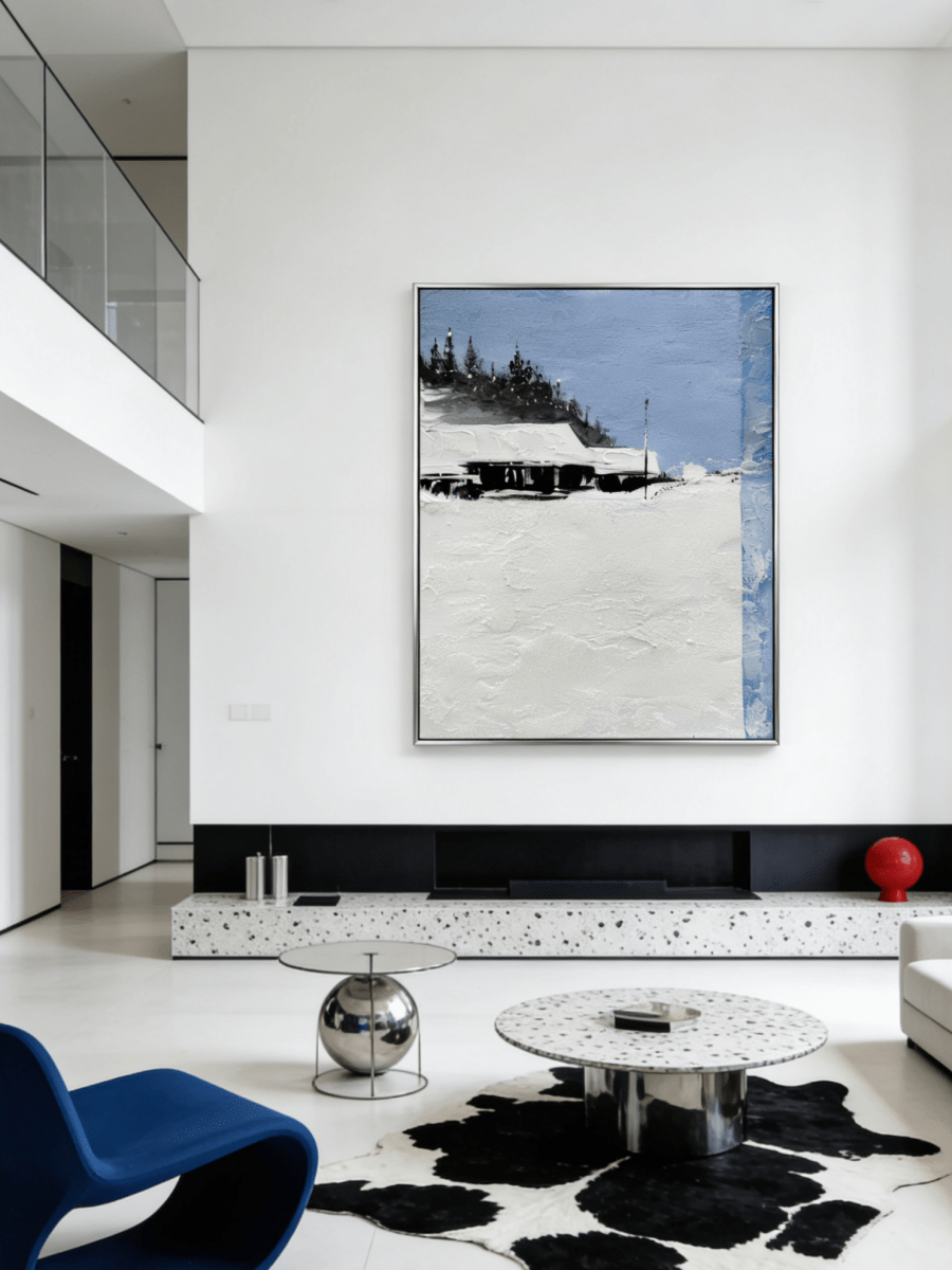 winter cabin oil painting– textured impasto snowscape with minimalist cabin, serene landscape art for calming interiors